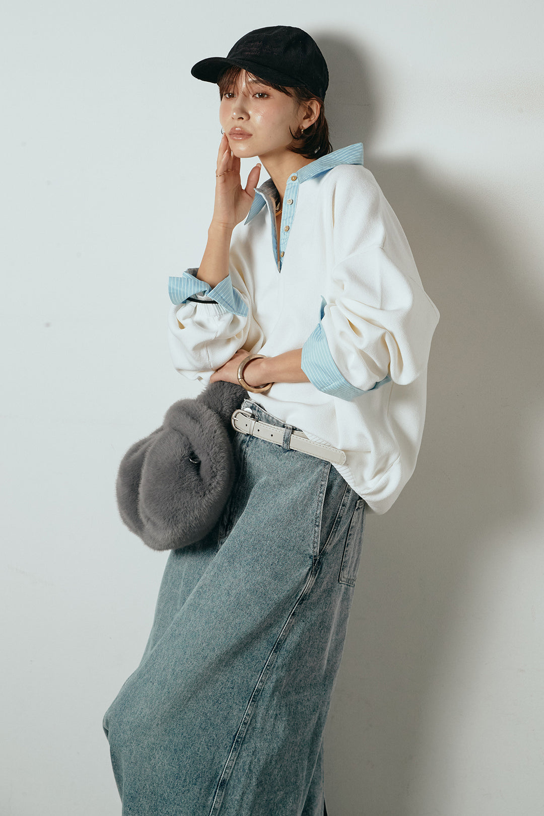 [SET]ストライプシャツドッキングポロトップス+デニムロングフレアスカート(2set)