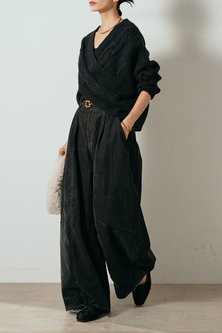 [SET]ケーブルカシュクールニットトップス+タック入りコーデュロイワイドパンツ(2set)