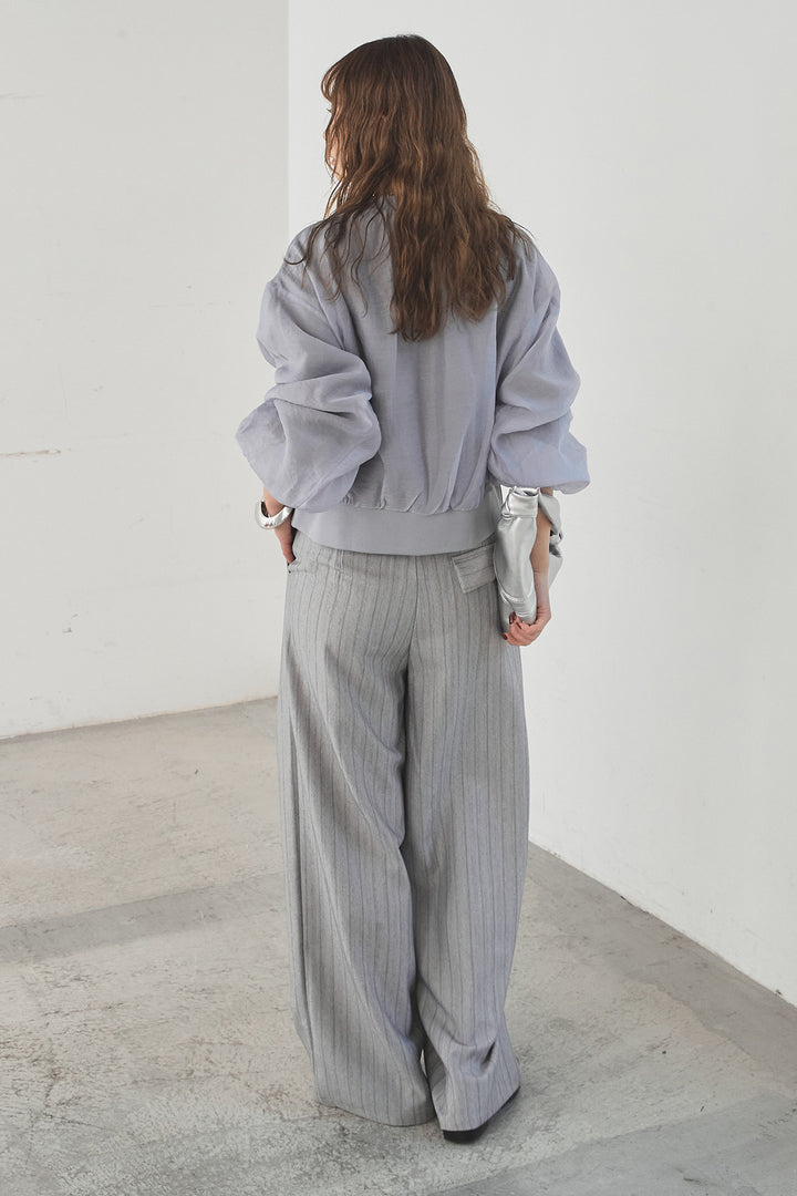 [SET]シアー×ポンチブルゾン+細ベルト付きピンストライプワイドパンツ(2set)