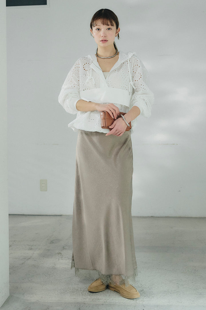 [SET]レースハーフジップアップフーディー+バイアスナローサテンスカート(2set)