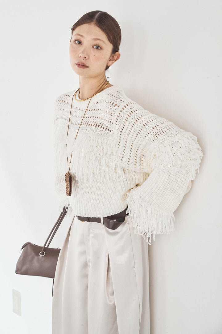 [SET]メッシュフリンジ切り替えプルオーバー+サテンタックワイドパンツ(2set)