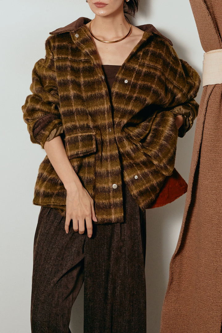 [SET]チェックシャギーミドルカバーオール+フェイクレザーベルト付きスウェードライクワイドパンツ(2set)