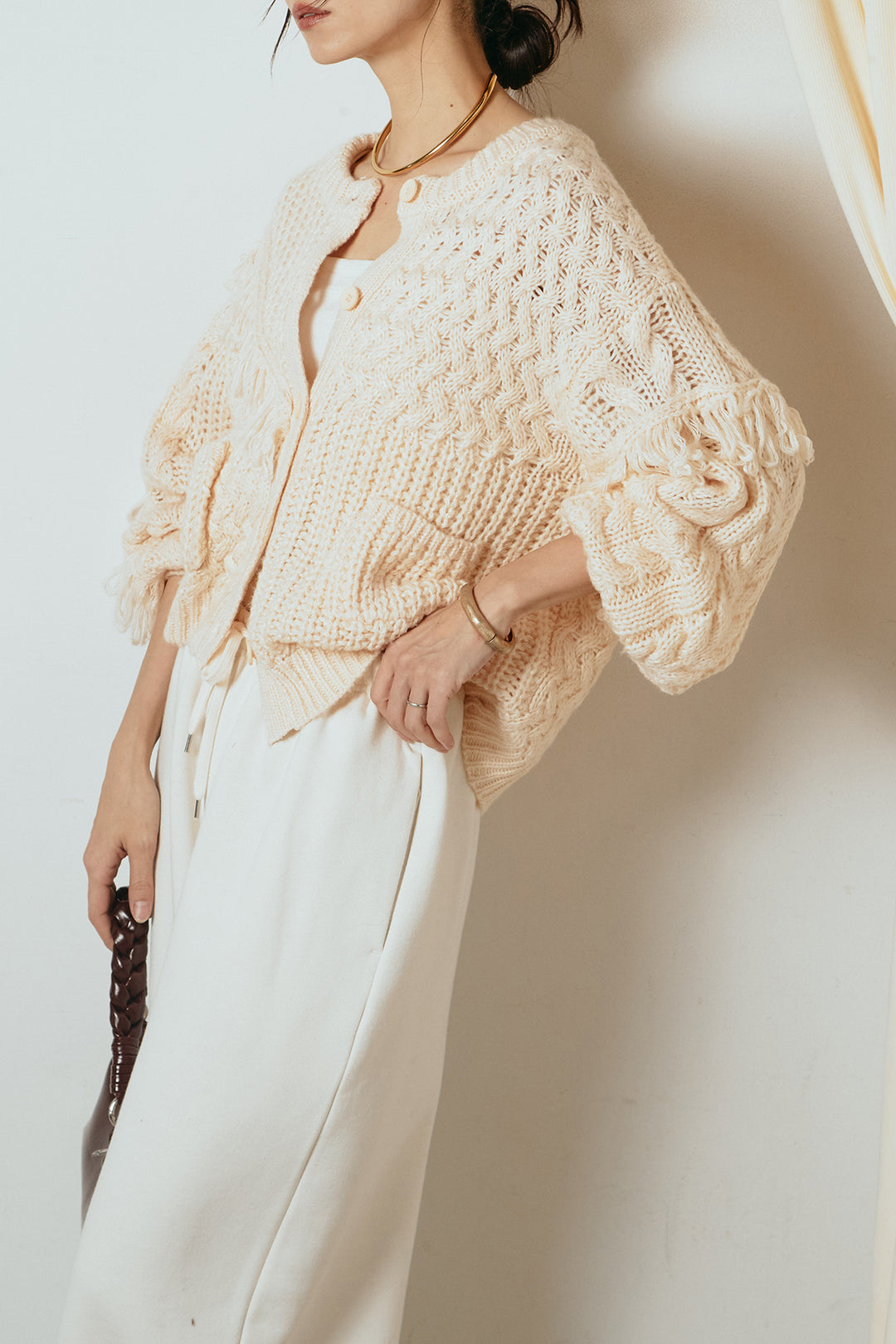 [SET]ランダムフリンジニットカーディガン+裏起毛スウェットワイドパンツ(2set)