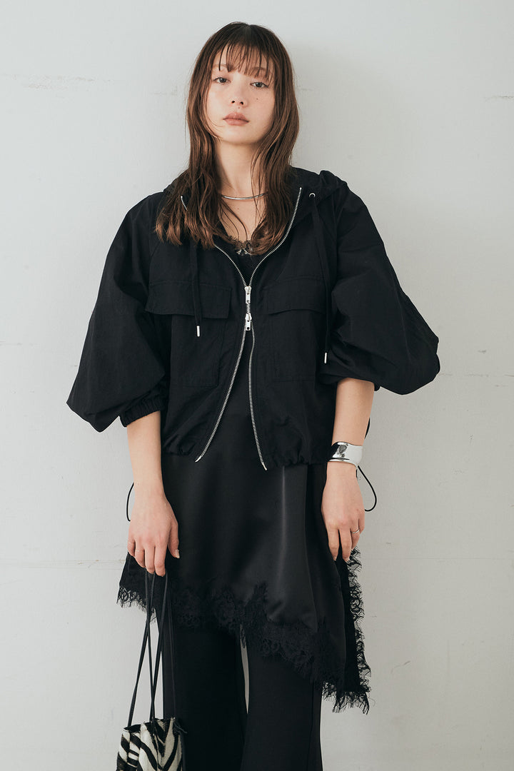 [SET]ナイロンボリュームWジップパーカーブルゾン+細編みベルト付きパンツ(2set)