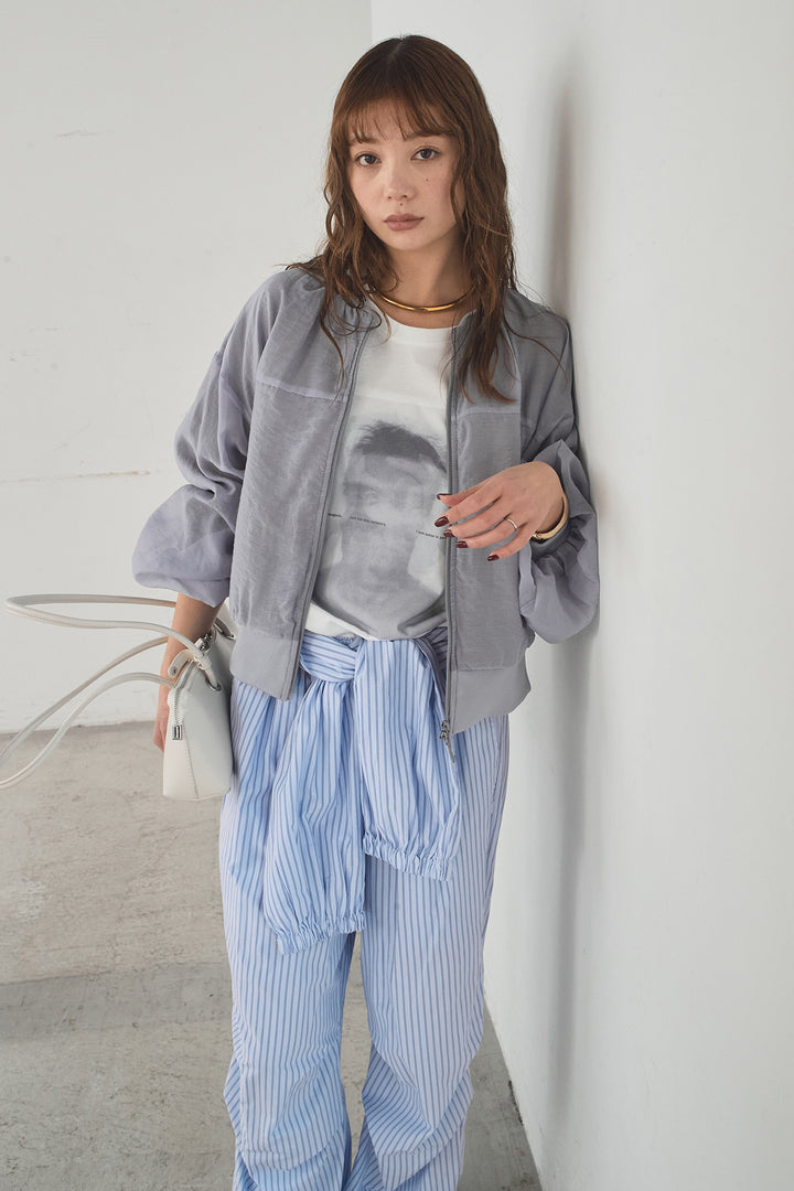 [SET]シアー×ポンチブルゾン+ストライプウエスト巻きジョガーパンツ+長袖アソートフォトTシャツ(3set)