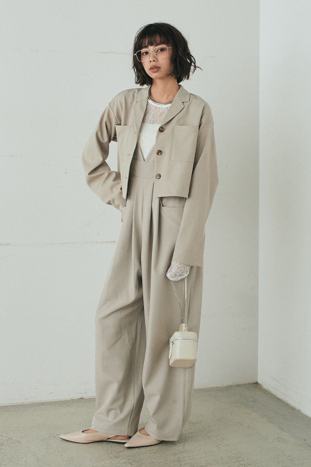 [SET]バックジップデザインショートツイルジャケット+キャミロングオールインワン+ストレッチレースクルーネックインナー(3set)