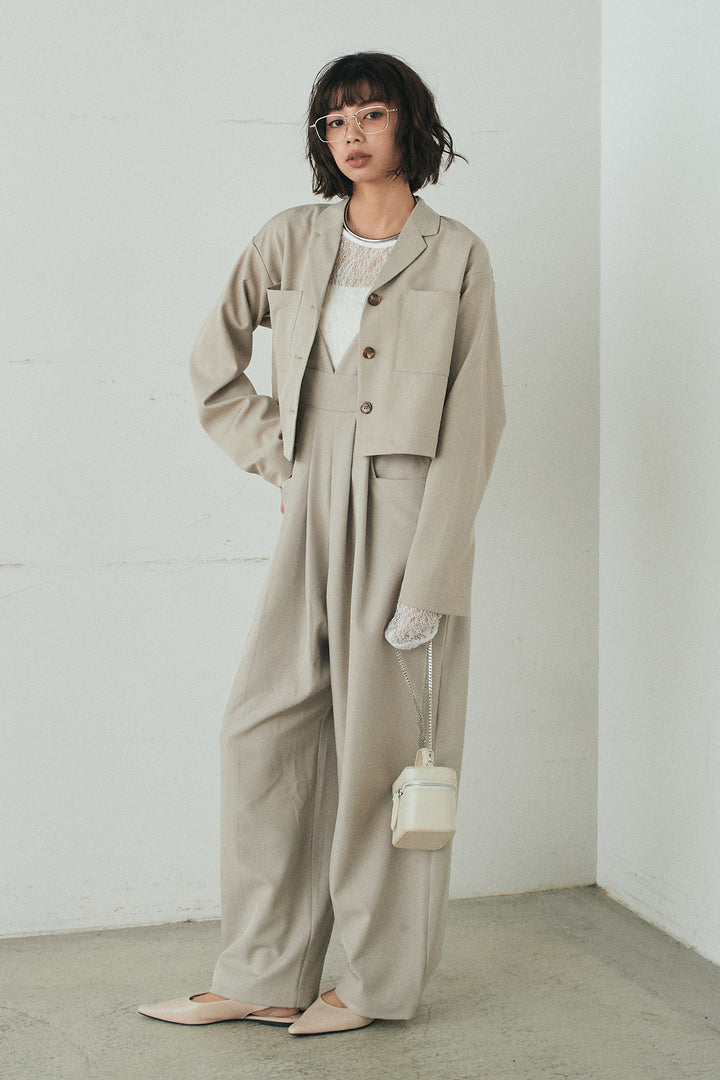 [SET]バックジップデザインショートツイルジャケット+キャミロングオールインワン+ストレッチレースクルーネックインナー(3set)