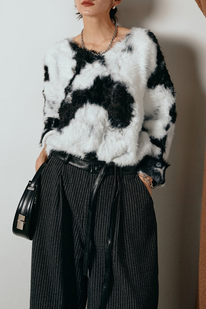 [SET]タイダイ柄シャギーニットトップス+レザーライク配色ストライプパンツ(2set)