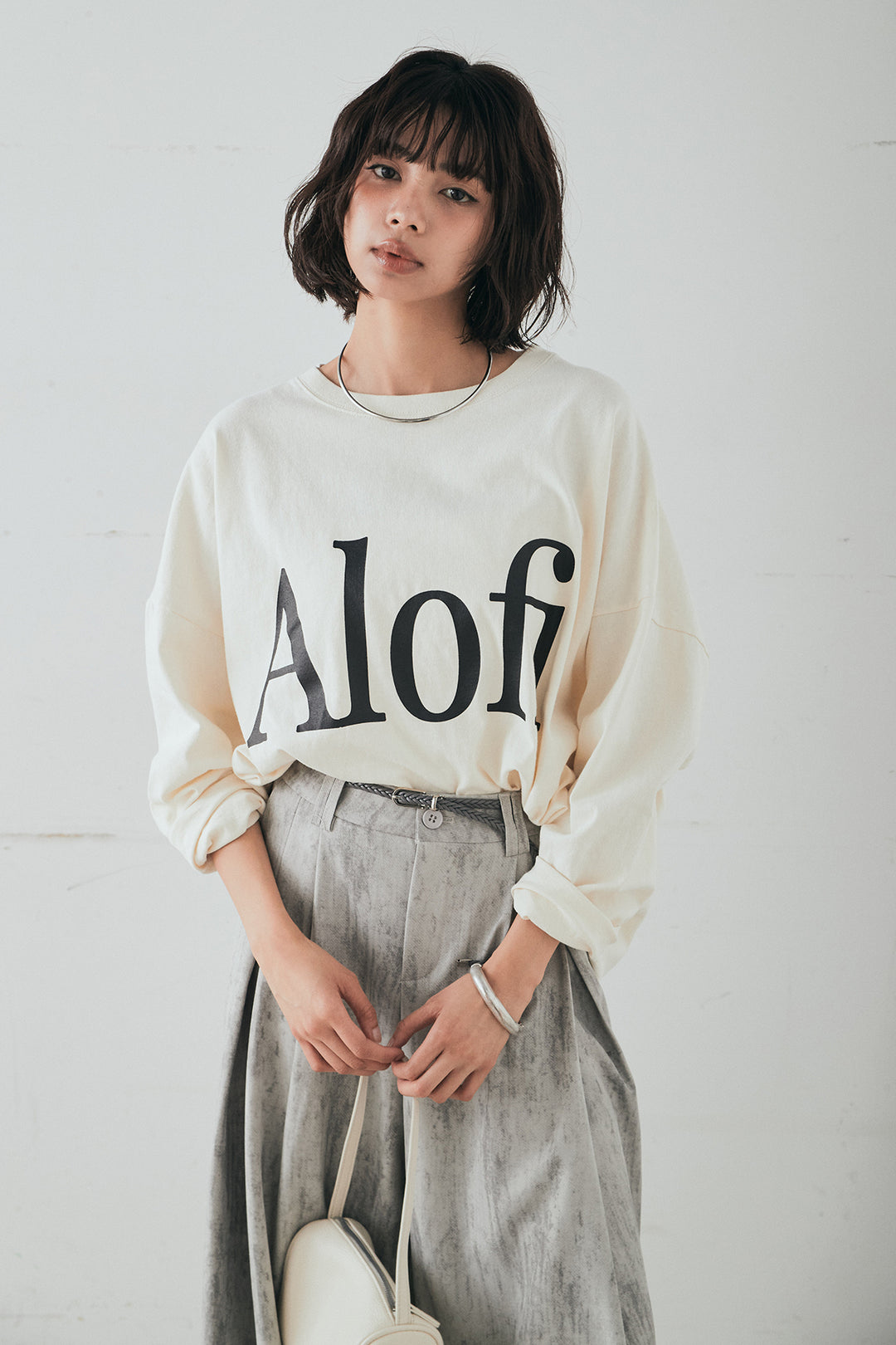 [SET]裾センタードロストロゴプリントワイドTシャツ+紐ベルト付きかすれ柄ワイドスラックス(2set)