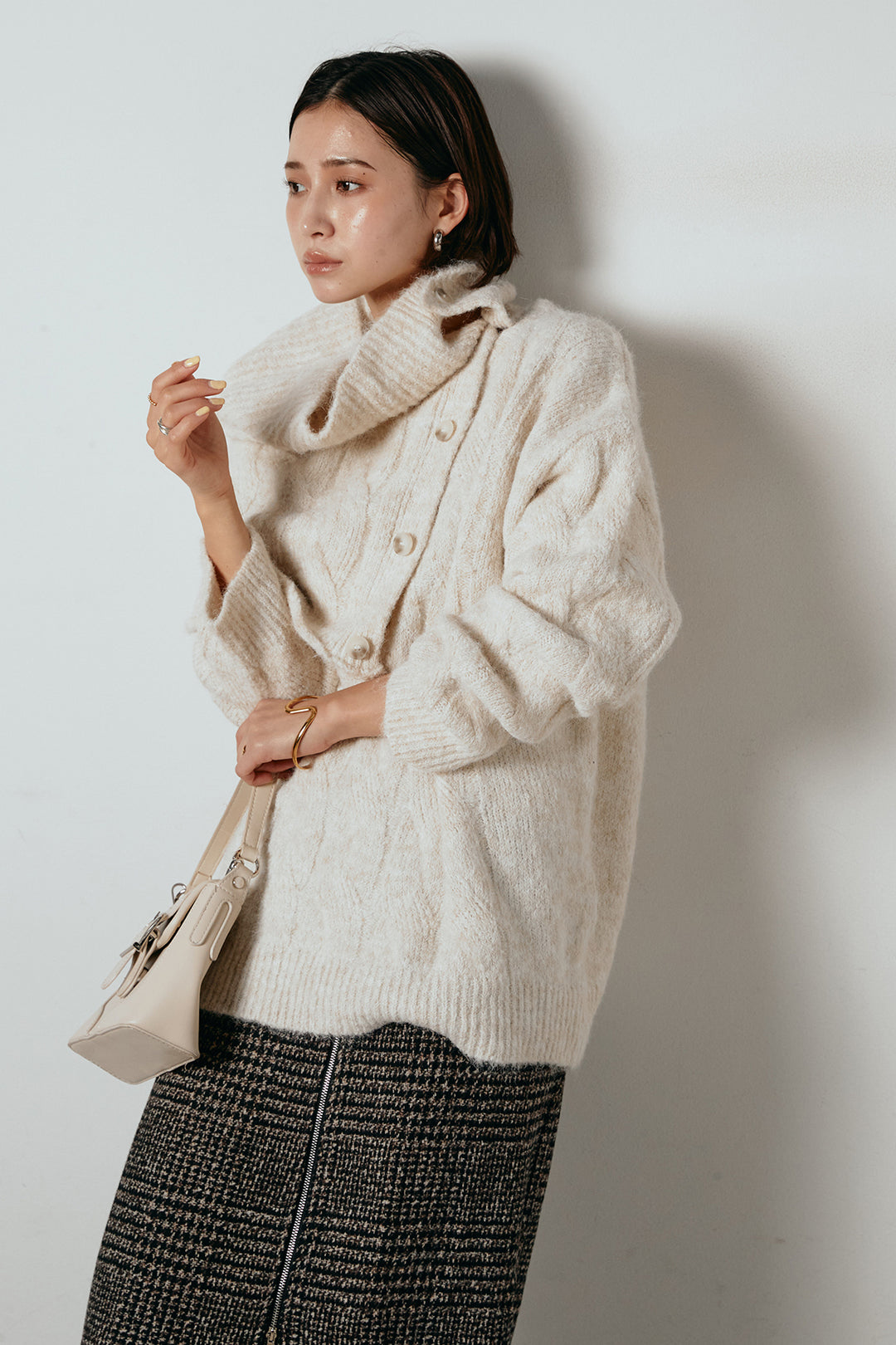 [SET]ケープデザインケーブルニットトップス+グレンチェック柄フロントジップタイトスカート(2set)