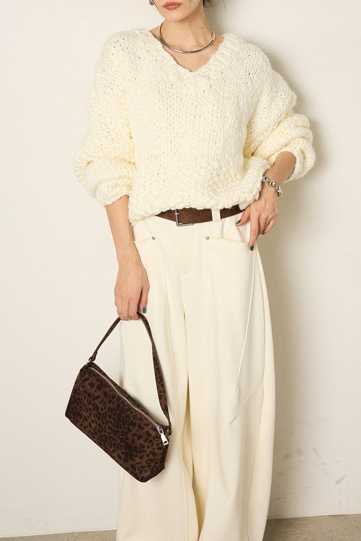 [SET]Vネックハンド編みニットトップス+太ベルト付きスウェットワイドカーブパンツ(2set)