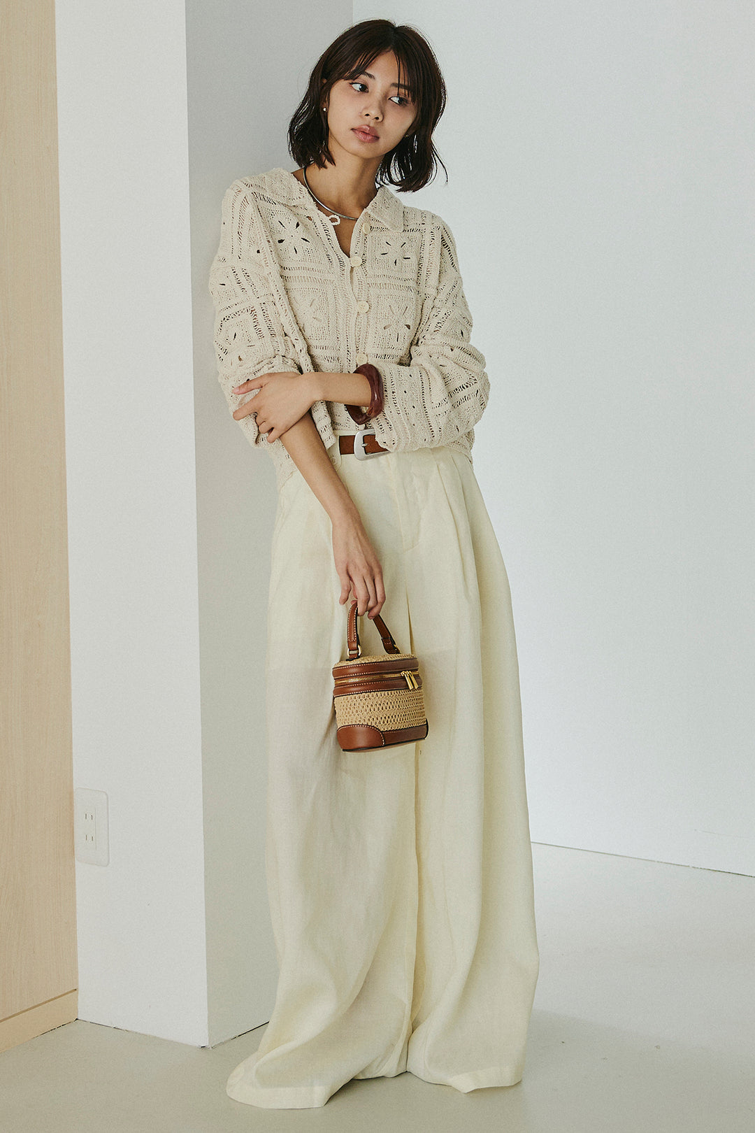 [SET]鍵編みフラワーレースカーディガン+タック入りワイドパンツ(2set)