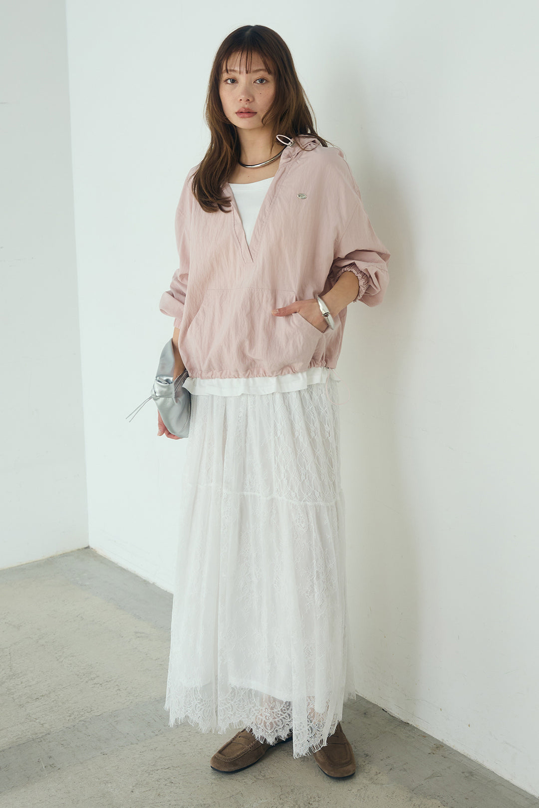 [SET]レイヤードデザインフーディートップス+ひげレース切替ロング丈スカート(2set)