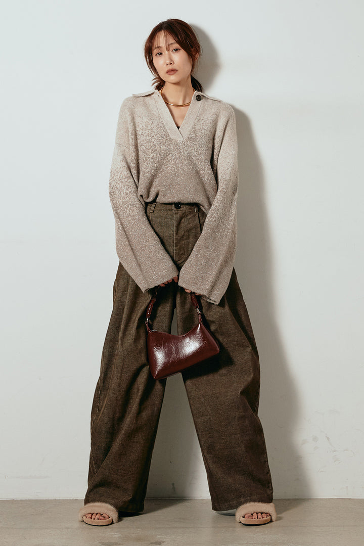 [SET]グラデーションラメニットキーネックプルオーバー+フロントタック入りコーデュロイパンツ(2set)