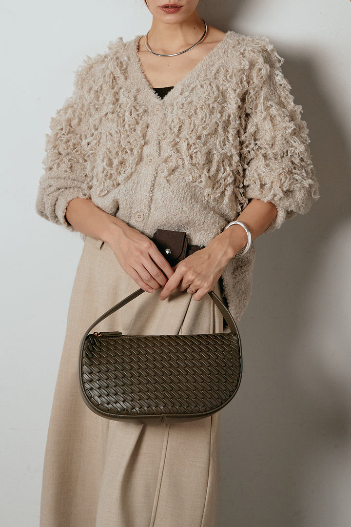 [SET]ループ編みVネックニットカーディガン+ポーチベルト付きカーブパンツ(2set)