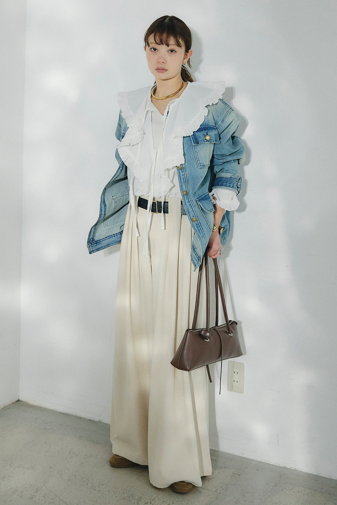 [SET]ノーカラーデニムポケットジャケット+コットンフリルブラウス+ベルト付きタックデザインハイウエストロングパンツ(3set)