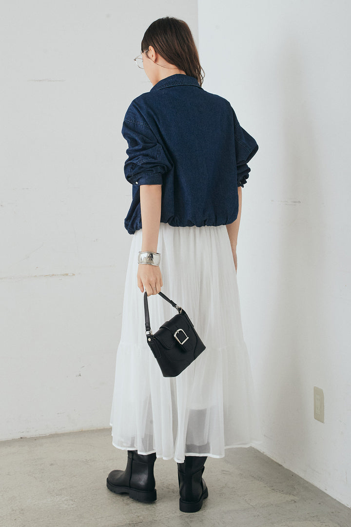 [SET]スタンドカラーデニムブルゾンジャケット+ボリュームシルエットチュールスカート(2set)