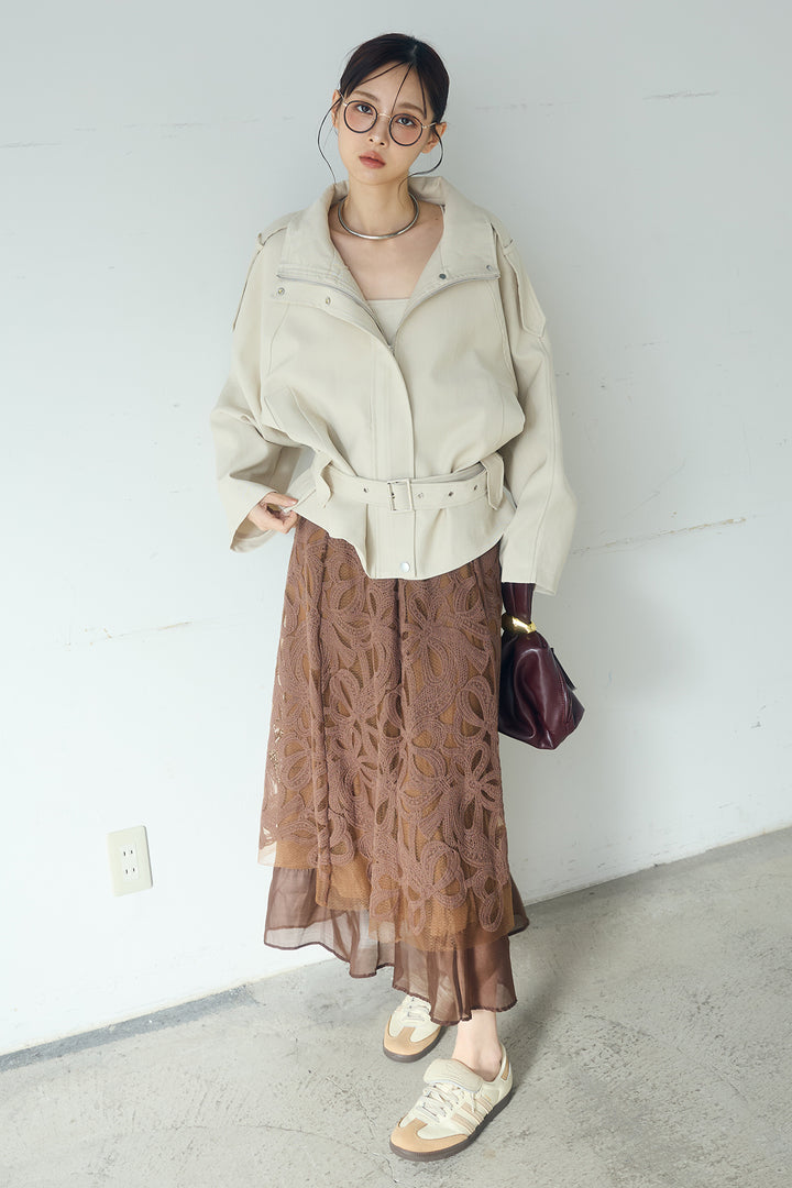 [SET]ベルト付きスタンドネックアウター+ニュアンス柄刺繍スカート(2set)