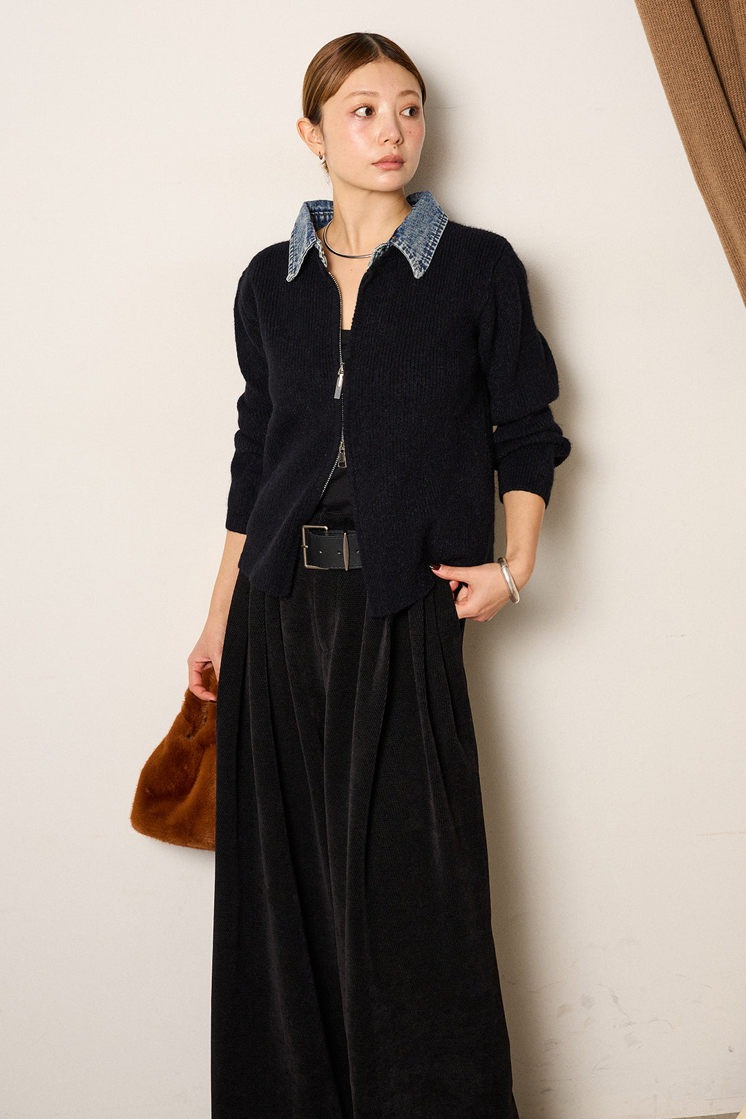 [SET]デニム襟ダブルジップニットトップス+ベルトループコーデュロイワイドパンツ(2set)