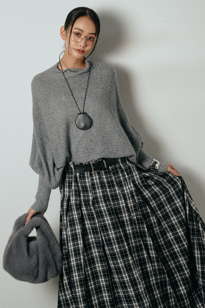 [SET]ポンチョシルエット透かしニットトップス+ベルト付きタータンチェックプリーツスカート(2set)