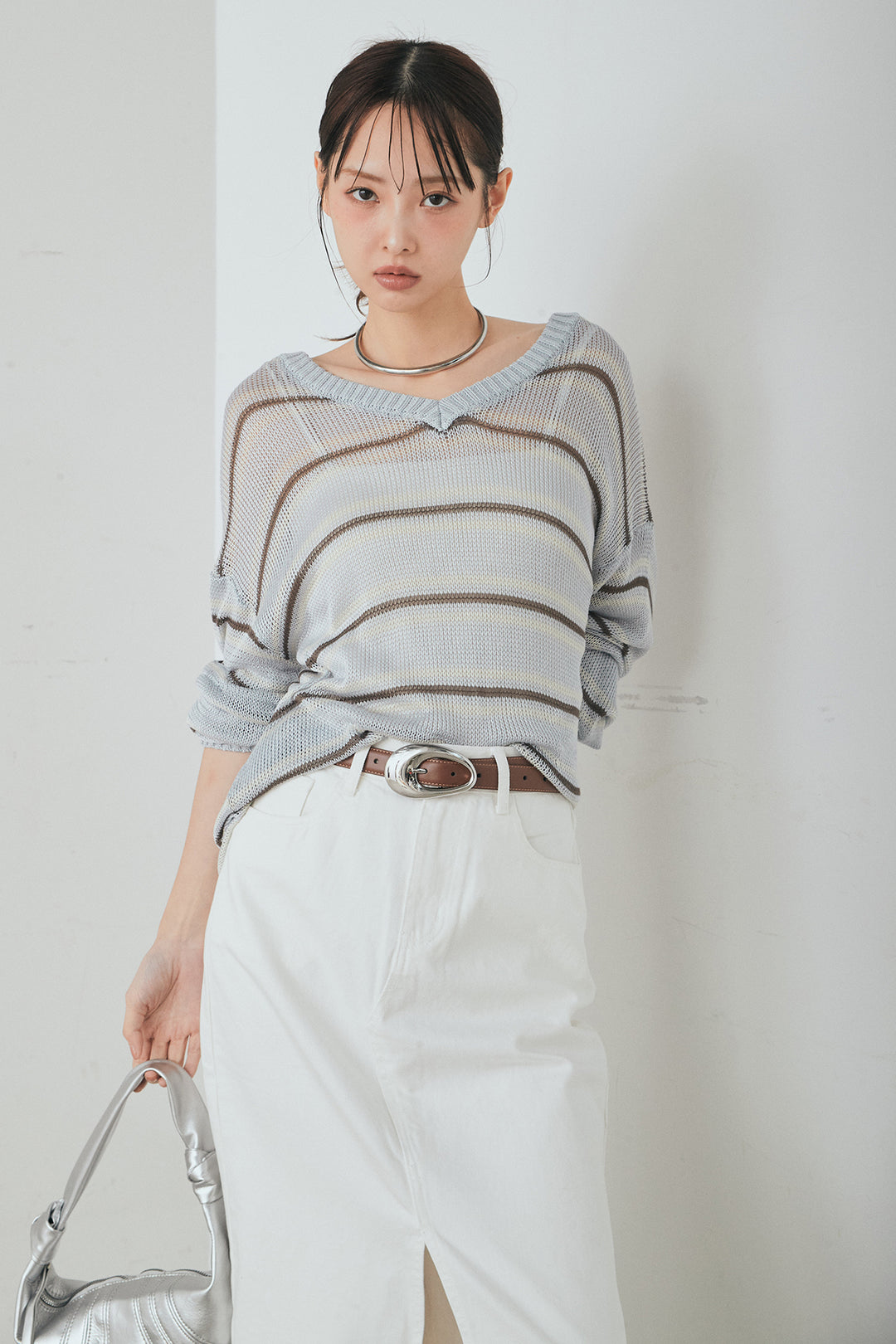 [SET]綿タッチVネックボーダートップス+裾レースデザインデニムスカート(2set)