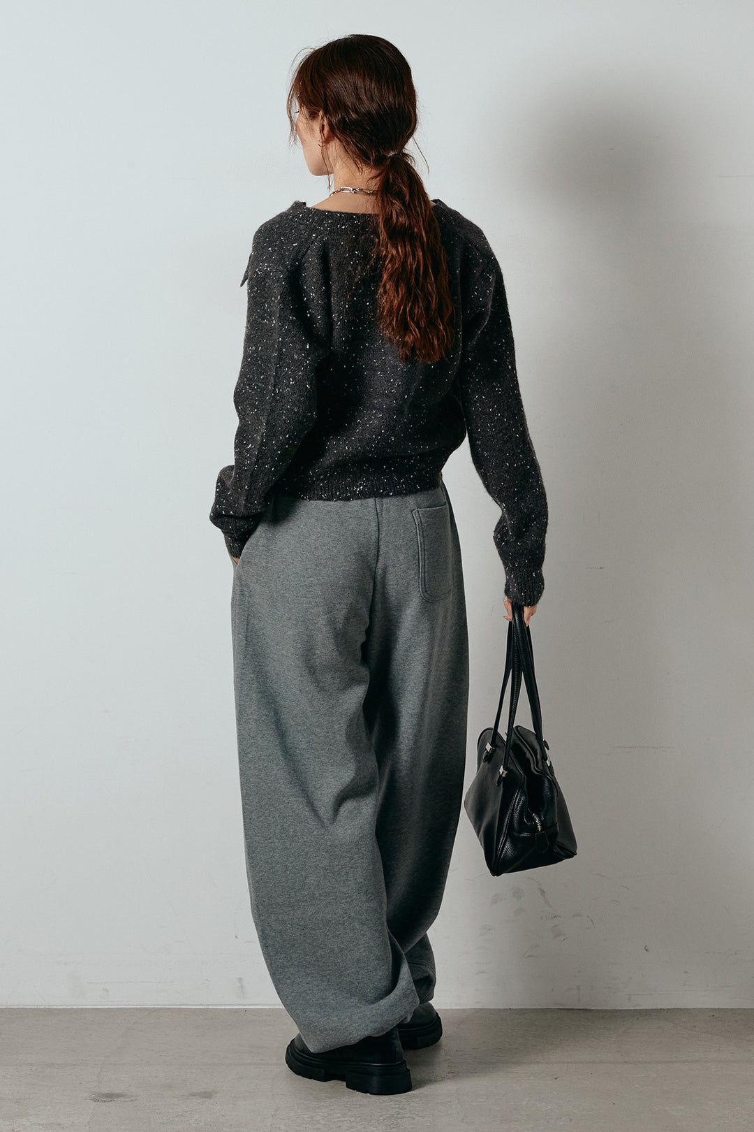 [SET]ネップニットカーディガン+スウェットワイドカーブパンツ(2set)