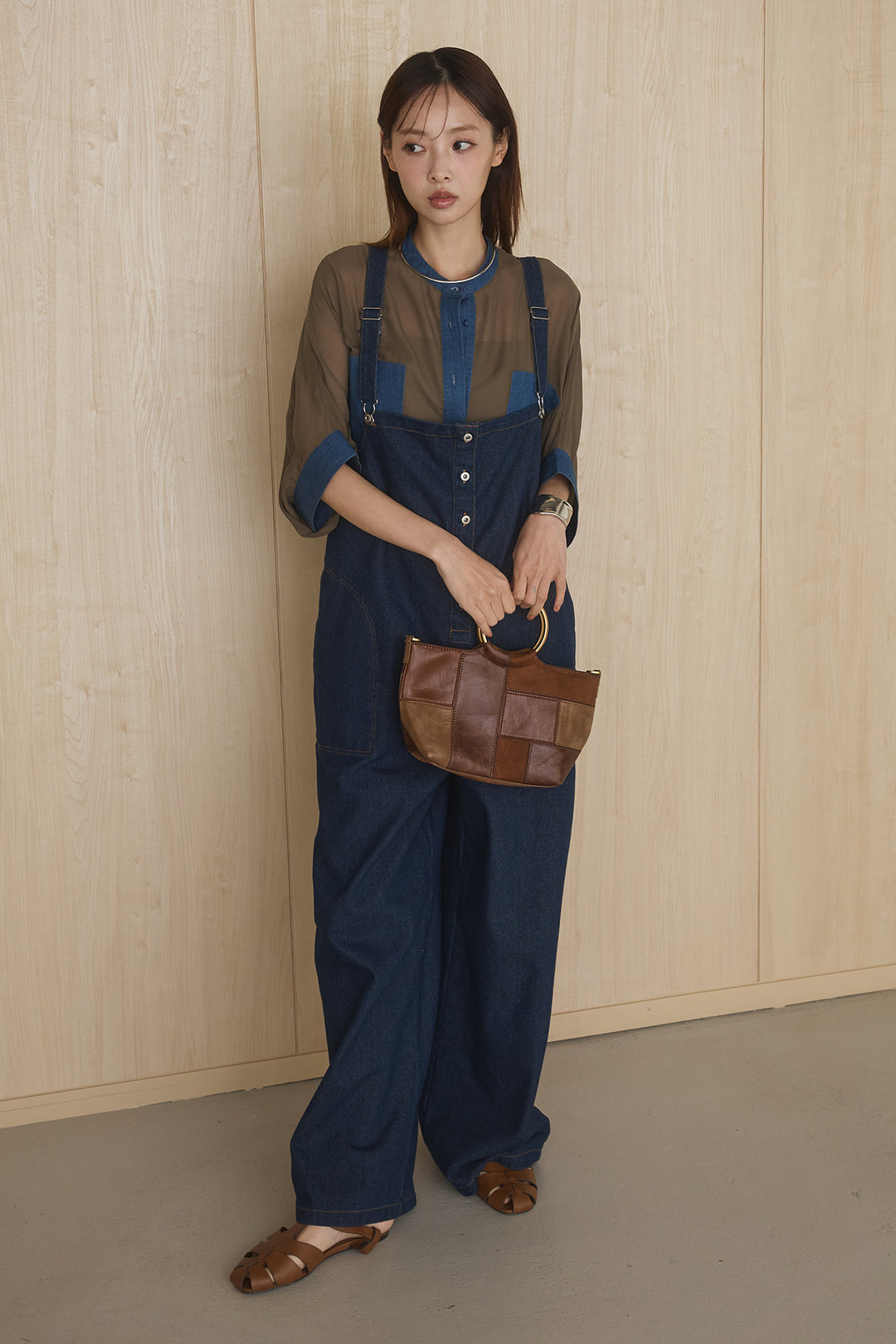 [SET]デニムライクビッグツーポケシアーシャツ+フロントボタンデニムサロペット(2set)