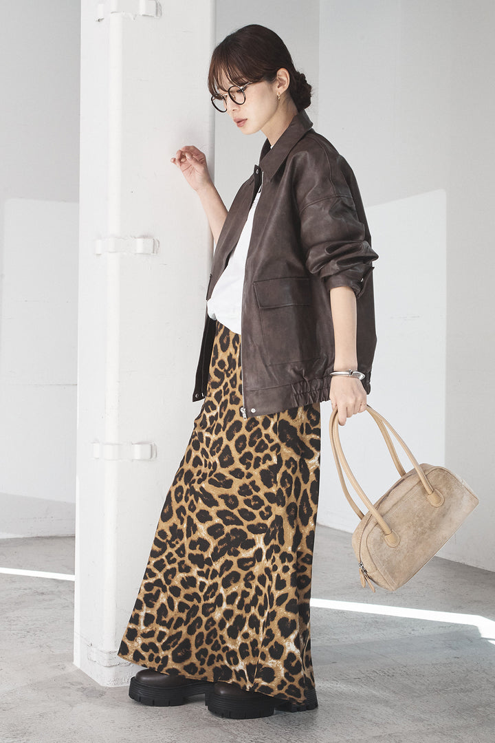 [SET]レザーライクオーバーサイズブルゾン+レオパードサテンナロースカート(2set)