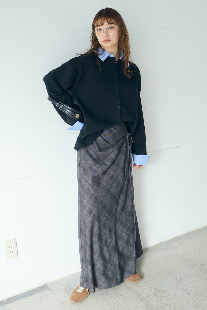 [SET]シャツレイヤード風カーディガン+タータンチェック柄フロントデザインスカート(2set)