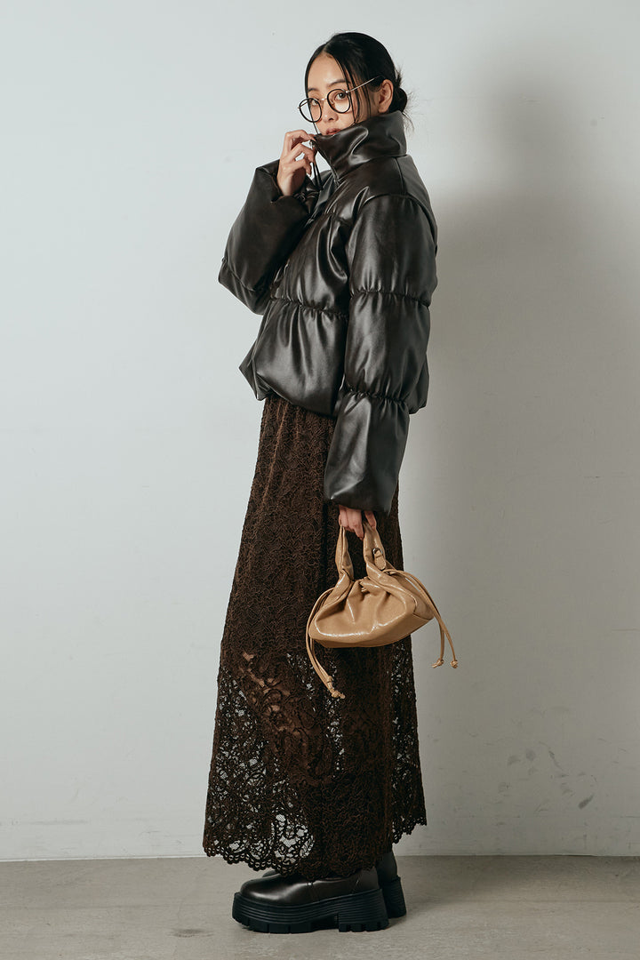 [SET]レザーライクWジップスタンドカラー中綿ブルゾン+総レース刺繍スカート(2set)