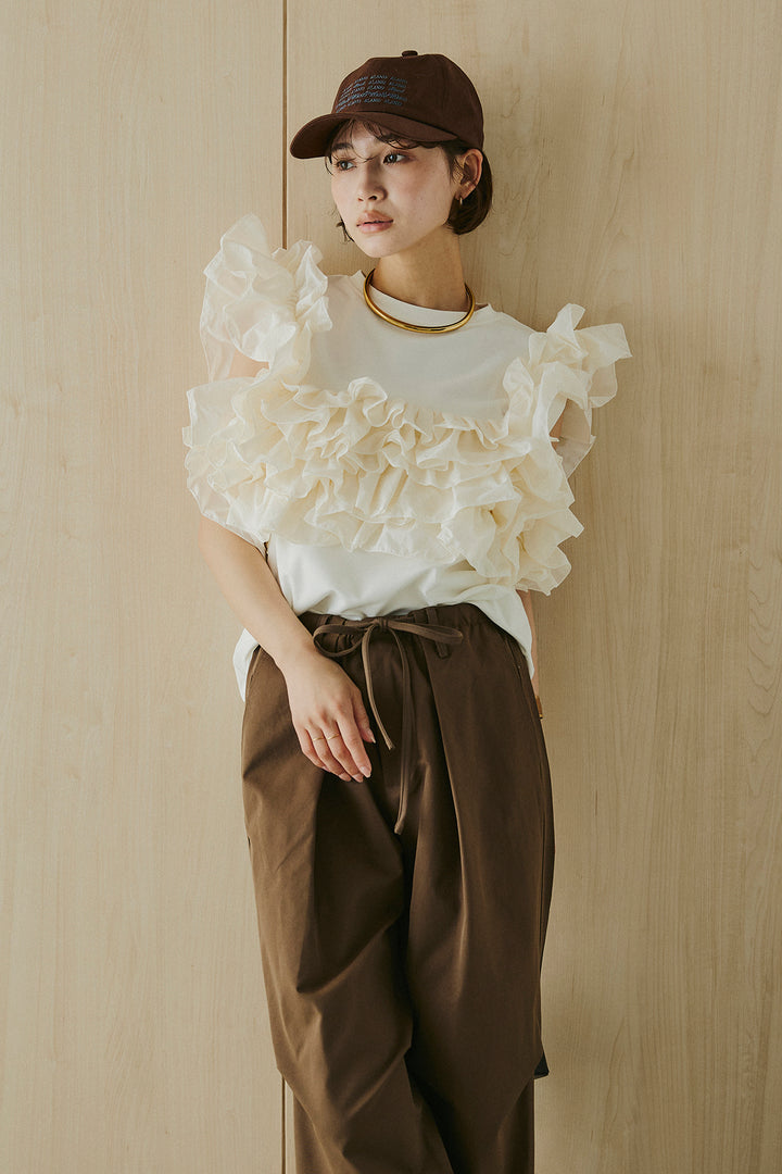 [SET]天竺ナイロンドッキングビスチェ風トップス+ニーサイドタックウエストドロスパンツ(2set)