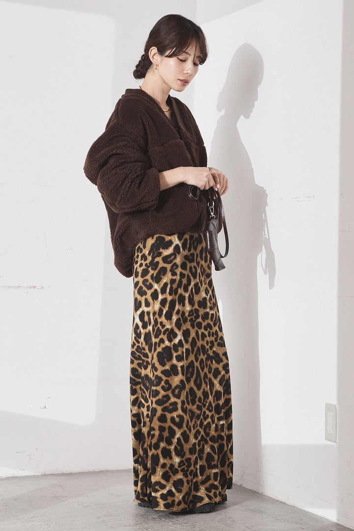 [SET]ノーカラーリブボアアウター+レオパードサテンナロースカート(2set)