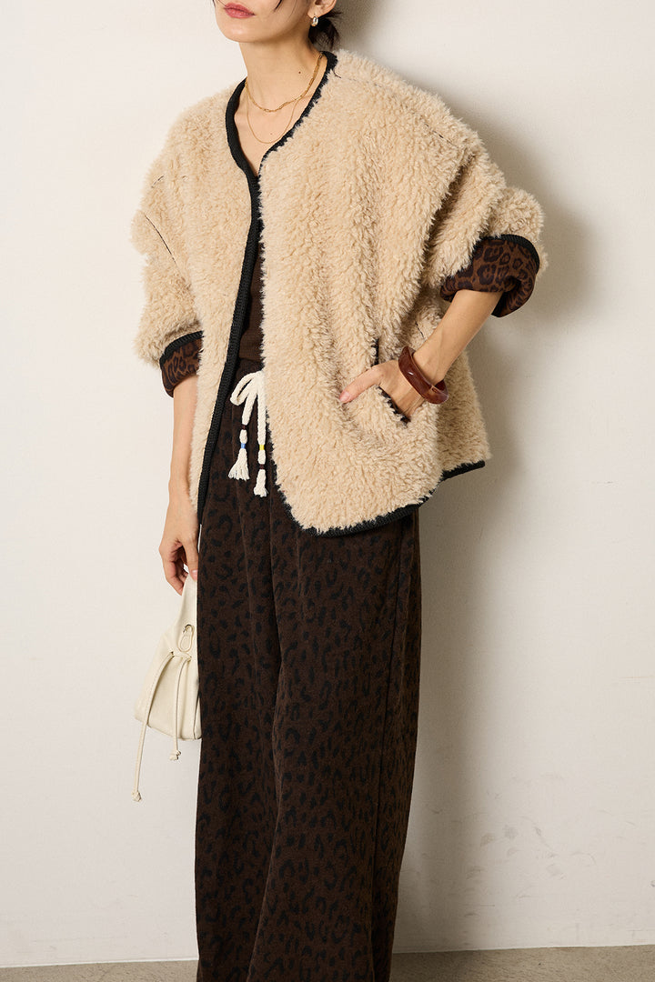 [SET]ノーカラー裏地レオパードボアアウター+レオパードジャガードニットパンツ(2set)