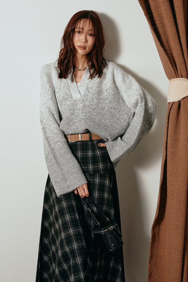 [SET]グラデーションラメニットキーネックプルオーバー+フェイクレザーベルト付き切り替えタータンチェックスカート(2set)