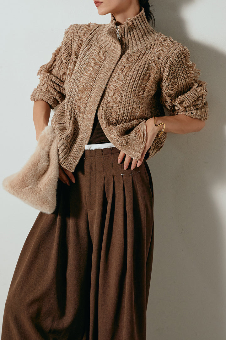 [SET]ハイネックフリンジジップニットトップス+ウエストステッチデザインワイドスラックス(2set)