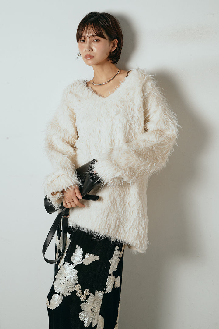 [SET]深Vネックシャギーニットトップス+フラワー刺繍ワイドスカート(2set)