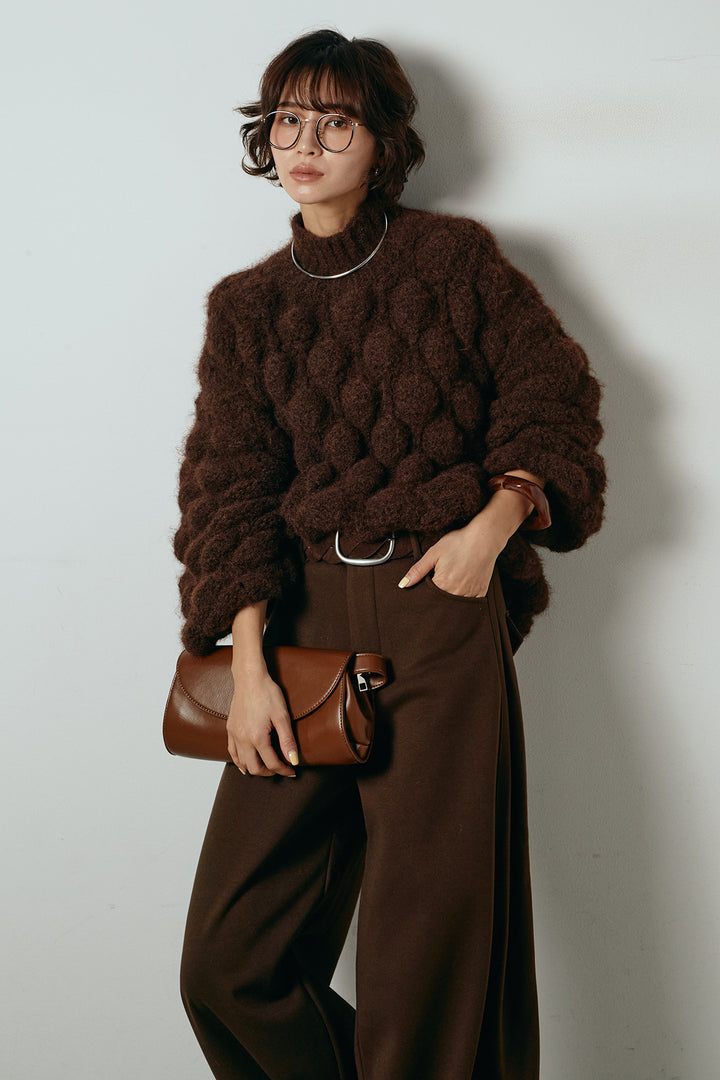 [SET]ボリュームポップコーンニットトップス+編みベルト付きワイドパンツ(2set)