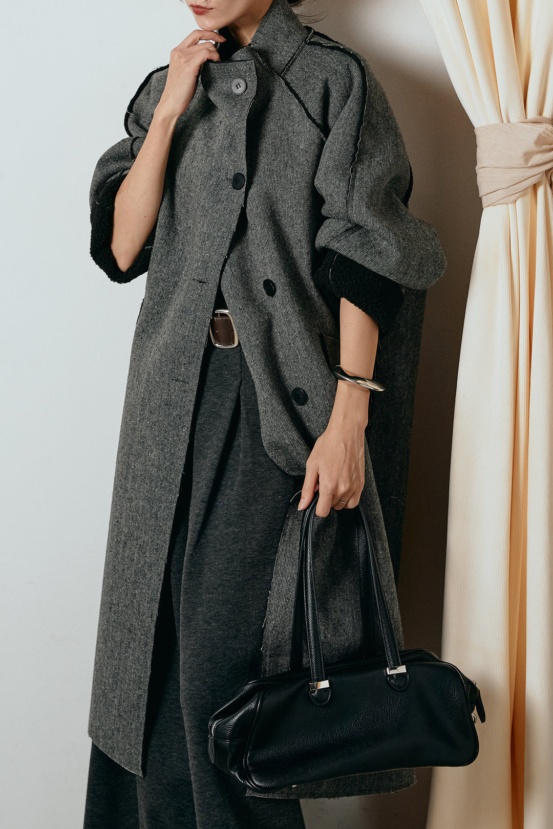 [SET]裏地ボアハイネックロングアウター+フェイクレザー太ベルト付きタックワイドパンツ(2set)