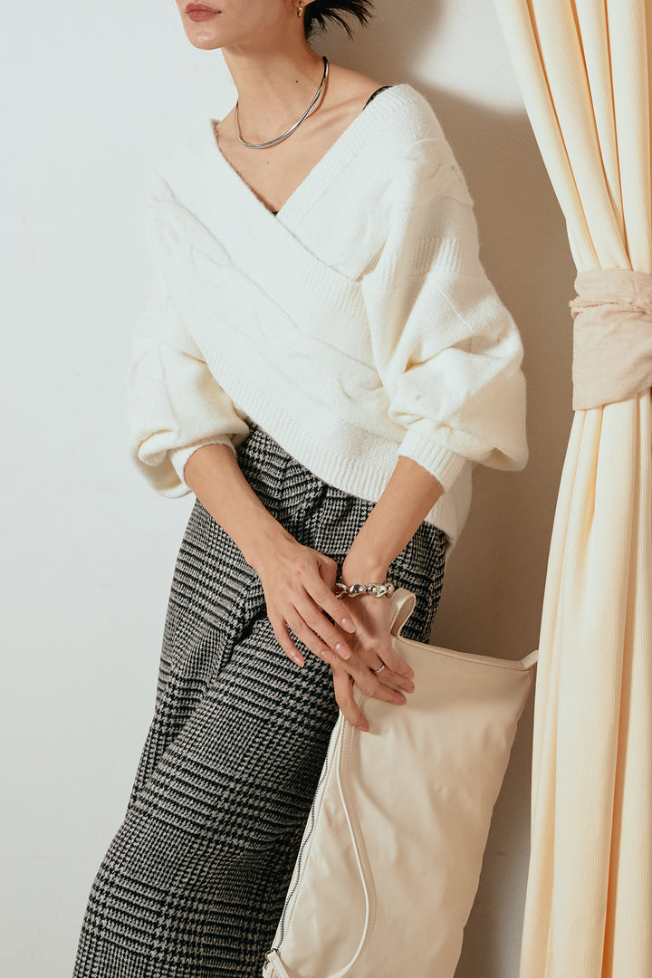 [SET]ケーブルカシュクールニットトップス+前後2wayグレンチェック柄スカーチョサロペット(2set)