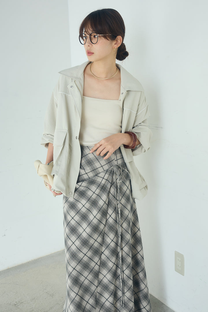 [SET]合繊ツイルバルーンジャケット+タータンチェック柄フロントデザインスカート(2set)