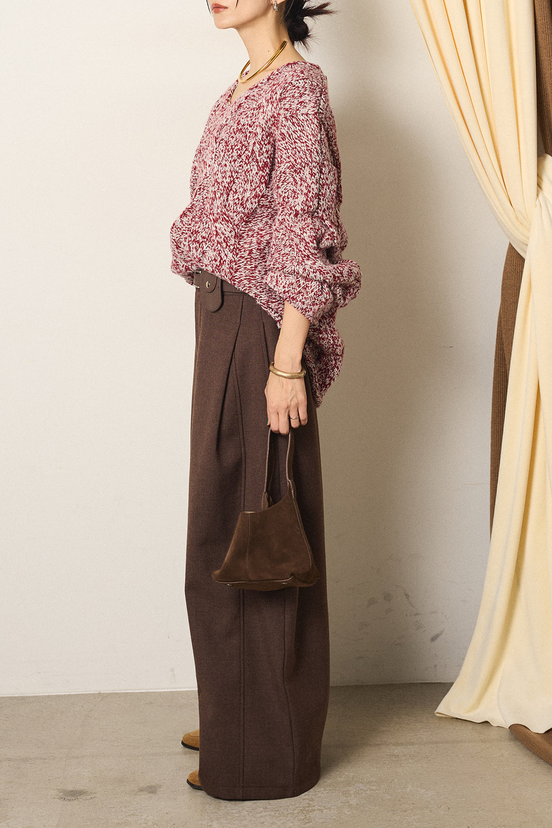 [SET]Vネックミックス編みニットトップス+ポーチベルト付きカーブパンツ(2set)