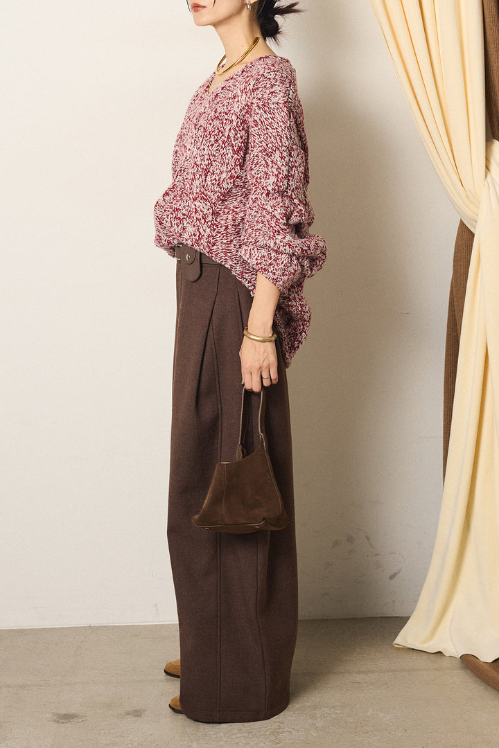 [SET]Vネックミックス編みニットトップス+ポーチベルト付きカーブパンツ(2set)