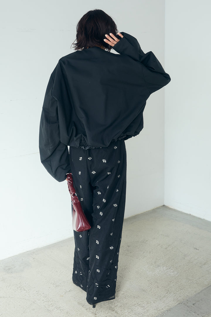 [SET]ノーカラーフロントギャザージップアウター+花柄刺繍ツイルタックパンツ+ニュアンスウェーブ刺繍シアーチュールパンツ(3set)