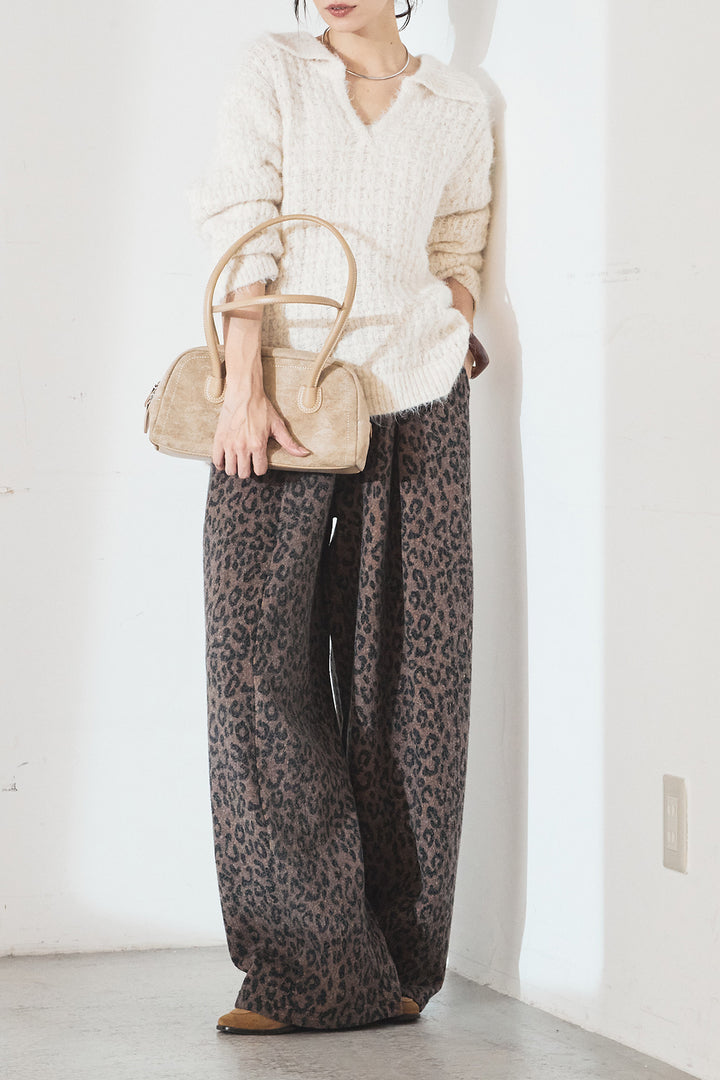 [SET]襟付きVネックニットトップス+リラックスレオパード柄ワイドパンツ(2set)