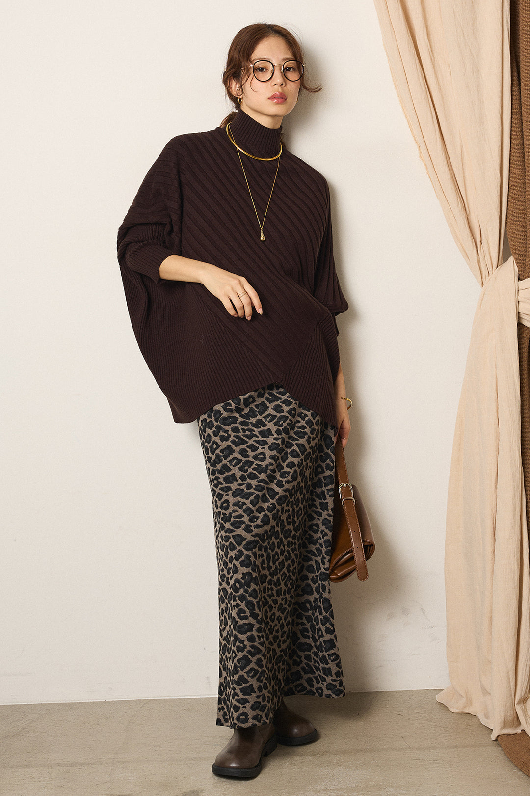[SET]アシメデザインリブポンチョニットトップス+レオパードロングスカート(2set)