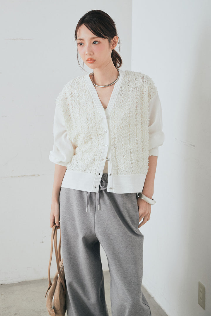 [SET]モコレースVネックカーディガン+カットダンボールウエストフリルカーブパンツ(2set)