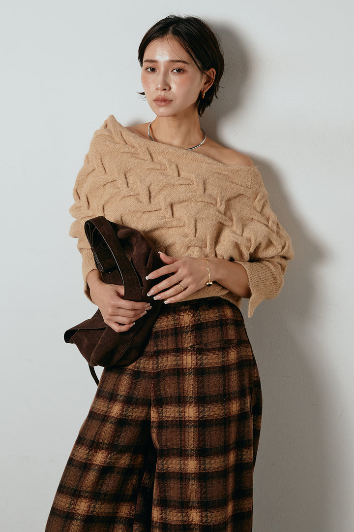 [SET]ボートネックニットトップス+ルーズタータンチェックワイドパンツ(2set)