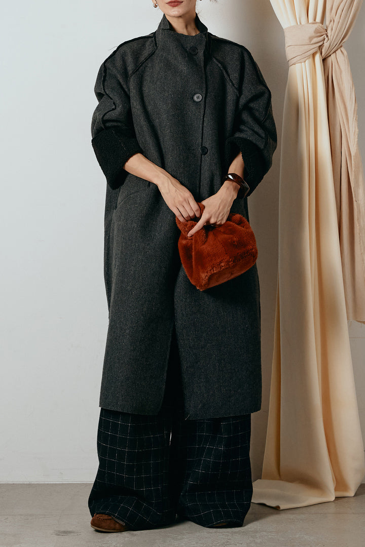 [SET]裏地ボアハイネックロングアウター+ウールライクチェックタックパンツ(2set)