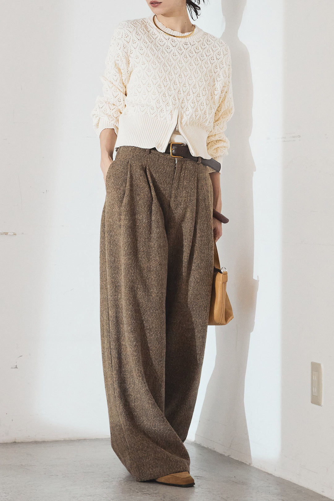 [SET]透かし編みニットジップスリットプルオーバー+タックツイードワイドパンツ(2set)