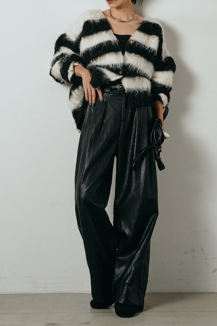 [SET]シャギーボーダー柄ニットカーディガン+ベルト付きレザーライクタックパンツ(2set)